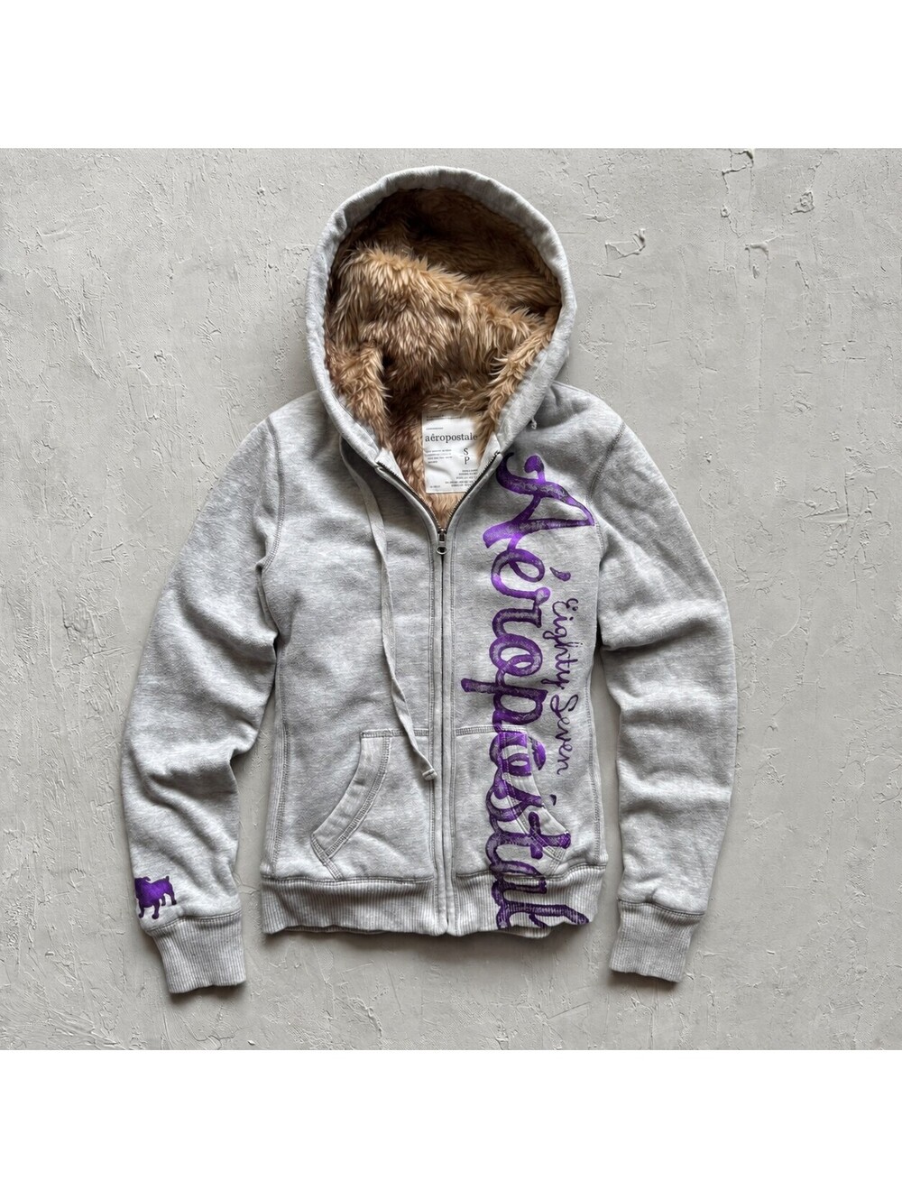 Vintage Y2K Aeropostale Gray Faux Fur Lined Full Zip Hoodie Purple Logo S Grail